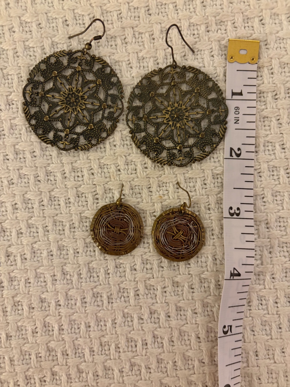 Vintage Pier 1 Two Pairs of Round Filigree & Woven Drop Earrings - Brass Tones